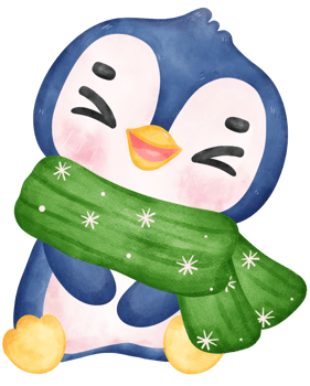 Cute happy joyful Christmas penguin in cozy sweater and scarf cartoon character watercolor hand drawing png