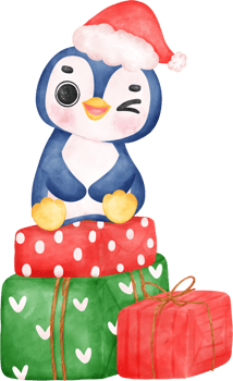 Cute adorable baby joyful penguin sits on christmas present gift box cartoon character watercolor hand drawing png