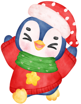 Cute happy joyful Christmas penguin in cozy sweater and scarf cartoon character watercolor hand drawing png