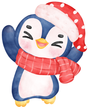 Cute happy joyful Christmas penguin in cozy sweater and scarf cartoon character watercolor hand drawing png