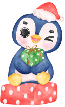 Cute adorable baby joyful penguin sits on christmas present gift box cartoon character watercolor hand drawing png