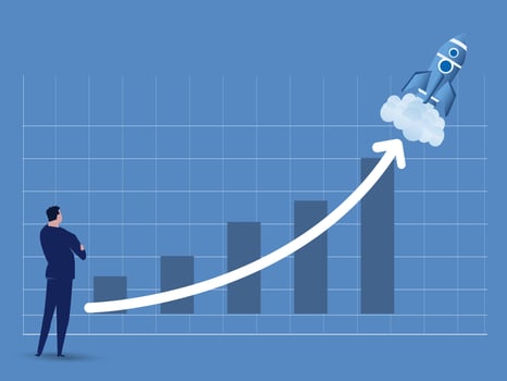business sales or profit increase concept,exponential growth or compound interest, investment, wealth or earning rising up graph,  financial report graph with exponential arrow from flying rocket. vector