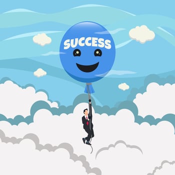 Businessman flying with blue balloon and happy emoticon. Success business concept vector illustration