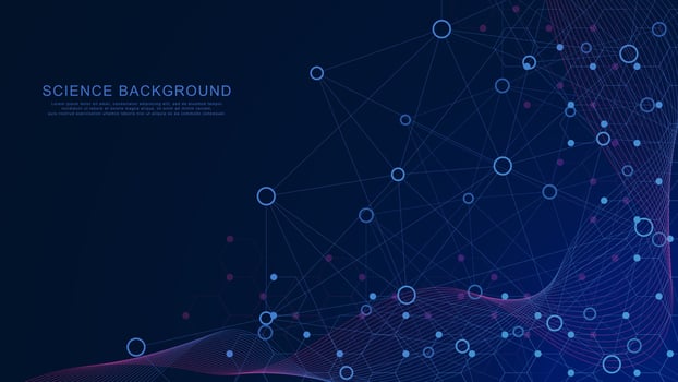 Abstract circle and lines connection with hexagon shapes and wave flow. Medical DNA research, genetic, genome and molecule. Science and technology concept background. Vector illustration.