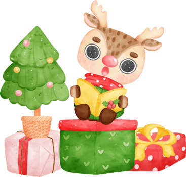 Cute joyfull christmas reindeer on stack gift boxes cartoon watercolor png
