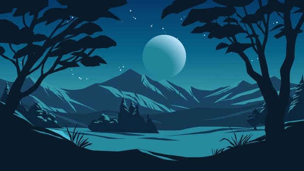 Vector flat night landscape with trees, mountains, moon and stars