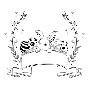 Happy Easter banner with floral wreath frame, hand drawing style. Vector Illustration