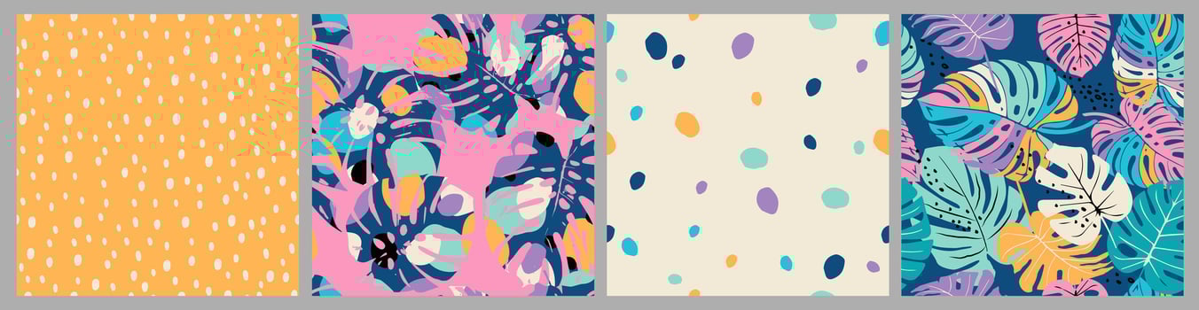 Set of Hand drawn tropical flowers, polka dot, stripe, abstract backgrounds. Seamless patterns with floral for fabric, textiles, clothing, wrapping paper, cover, interior decor. vector