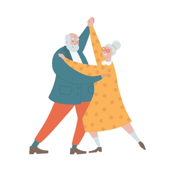 Senior couple people dancing tango together. Elder man and woman dancing latino romantic dance. Concept of romance and leisure of grandma and grandpa on pension. Hand drawn flat vector illustration.