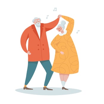 Cheerful retirees character senior man and woman dancing. Elder couple dance. Cartoon flat Vector hand drawn illustration.