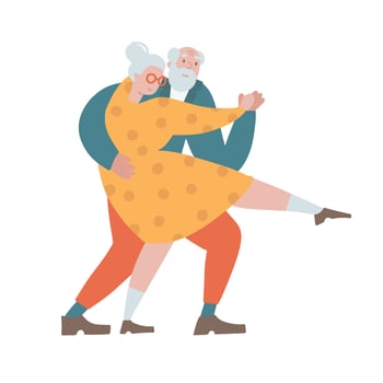 Funny senior couple people dancing tango together. Old man and woman dancing retro popular romantic dance, romance of grandma and grandpa on pension. Isolated hand drawn flat vector illustration.