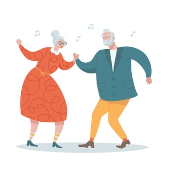 Elderly people dancing concept. Couple of happy old grey haired men and women dancing having fun enjoying time together. Cartoon flat hand drawn vector illustration