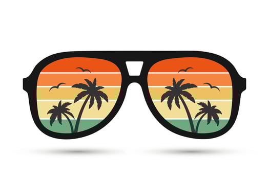 Seascape with palm trees in sunglasses. Summer illustration, clip art, vector