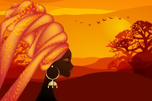portrait beautiful African woman in traditional turban tribal motifs, Kente head wrap, African Traditional black women vector silhouette isolated on Africa safari landscape background
