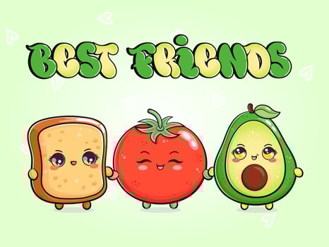 Avo-toast, tomato boast card. Avocado bread tomato. Vector hand drawn doodle style cartoon character illustration icon design. Happy Avocado bread tomato friends concept card
