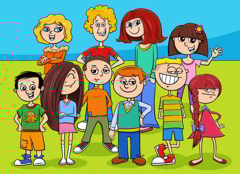 happy cartoon children and teenagers characters group vector