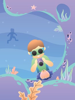 illustration of underwater scenery with a diver taking pictures of coral reefs vector