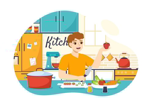 Kitchen Architecture Vector Illustration with Furniture and Interior such as Table, Stove and Fridge in Flat Cartoon Hand Drawn Background Templates