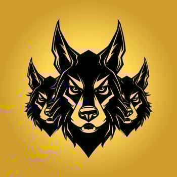 three black wolf head on yellow background vector