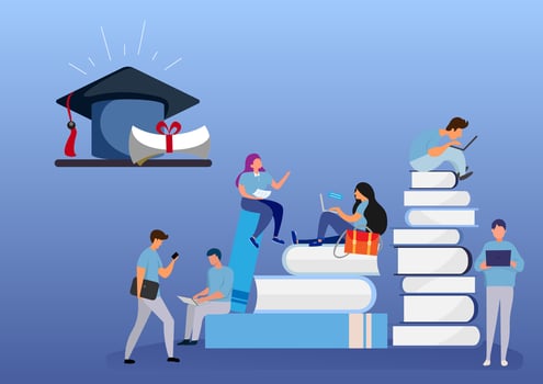 Young students getting knowledge from books and the Internet for success in his education life. Vector illustration.