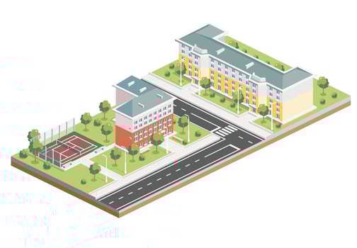 Isometric Residential District. Two Five Storey Buildings. Hotel with Tennis Court. Infographic Element. vector