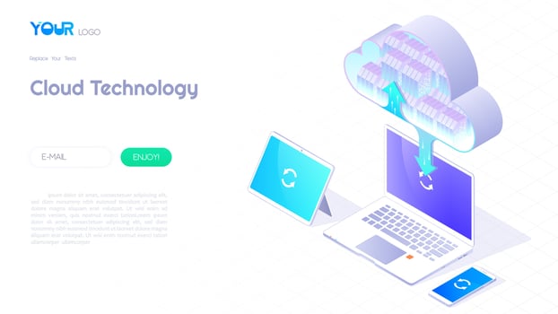 Cloud computing service concept, cloud data storage 3d isometric and cloud technology icon banner for web template vector