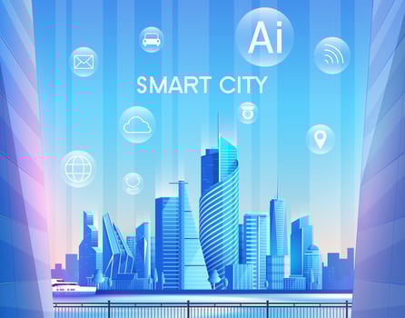 Urban landscape with ions, smart city flat design, social media communication Internet network connection city. Vector illustration