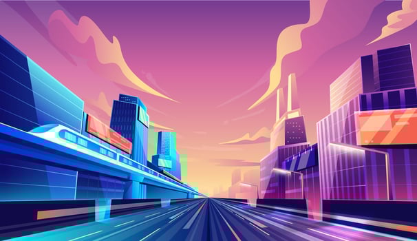 Smart city street road concept. cityscape, skyscraper buildings and train background. vector illustration.