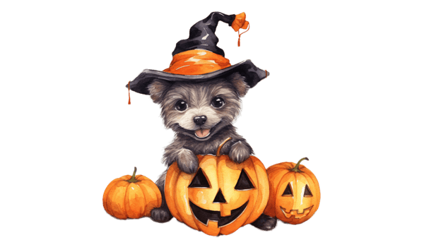 Happy Dog with pumpkin in Halloween Style, watercolor illustration, Transparent File, - Artwork png