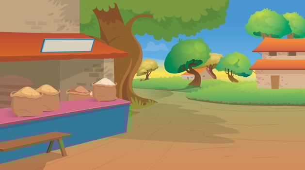 village house and shop in village scene with green trees vector