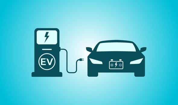Electric car recharging point, EV charging station, Vector icon isolated on blue background.