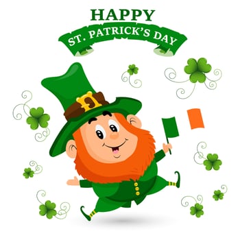 St. Patrick's Day illustration, Cute leprechaun with Ireland flags and clover leaves. Postcard, holiday banner, vector