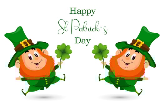St. Patrick's Day, cute leprechauns with shamrock leaves and greeting text. Illustration, postcard, banner, vector