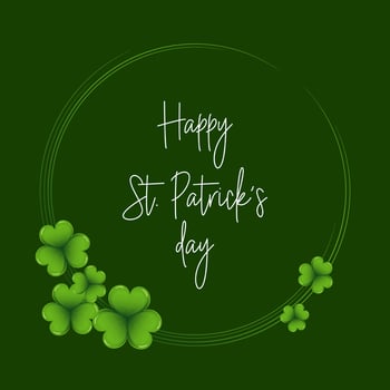 St. Patrick's Day, elegant round frame with shamrock leaves and greeting text. Postcard, banner, vector