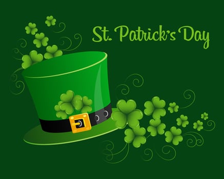 St. Patrick's Day illustration, leprechaun hat decorated with clover leaves. Postcard, poster, holiday banner, vector