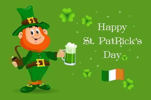 St. Patrick's Day illustration, Cute leprechaun with beer mug and smoking pipe. Postcard, holiday banner, vector