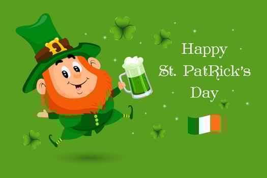 St. Patrick's Day illustration, Cute leprechaun with beer mug and smoking pipe. Postcard, holiday banner, vector