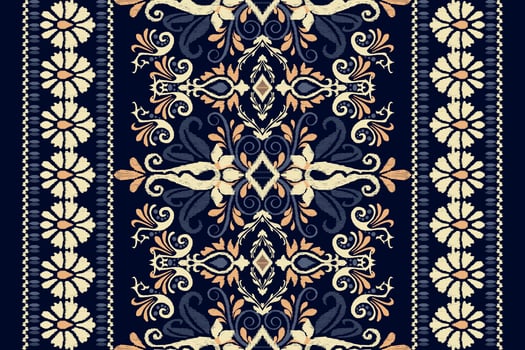 Ikat floral paisley embroidery on navy blue background.Ikat ethnic oriental pattern traditional.Aztec style abstract vector illustration.design for texture,fabric,clothing,wrapping,decoration,carpet.