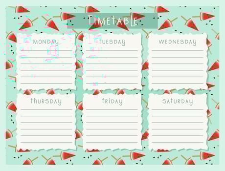 Back to school Timetable with pattern watermelon. Classroom timetable. Plan note education. Planner, table class, template. vector