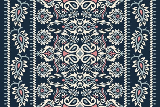 Ikat floral paisley embroidery on navy blue background.Ikat ethnic oriental pattern traditional.Aztec style abstract vector illustration.design for texture,fabric,clothing,wrapping,decoration,scarf.