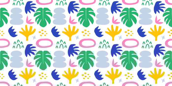 Summer abstract shapes tropical leaves, plants and doodles seamless pattern vector