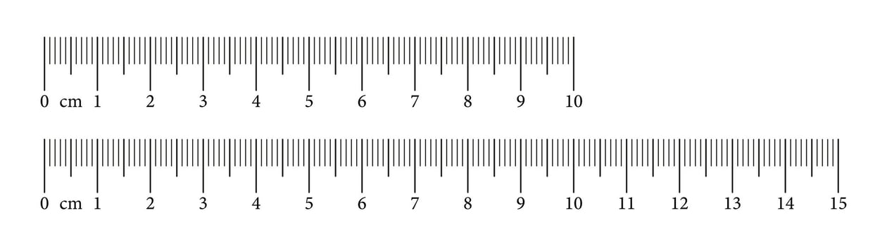 Collection measuring charts with 10,15 centimeters. Set of templates rulers scale with numbers. Length measurement math, distance, height, sewing tools. vector