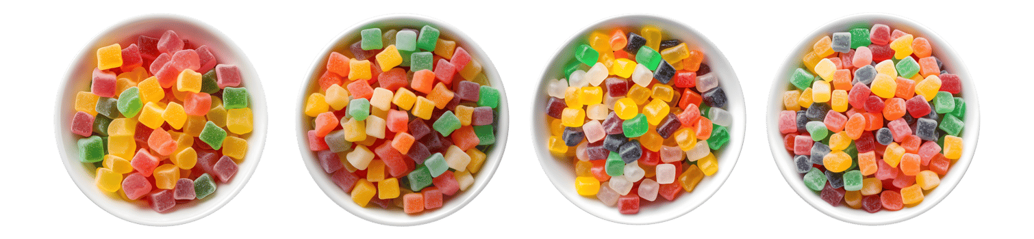 Gummy Candy on white bowl, aerial view with transparent background, Technology png
