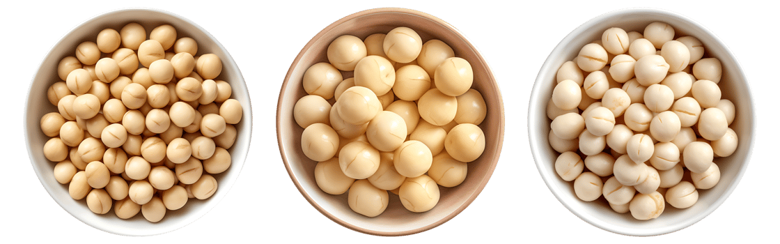 Macadamia on white bowl, aerial view with transparent background, Technology png