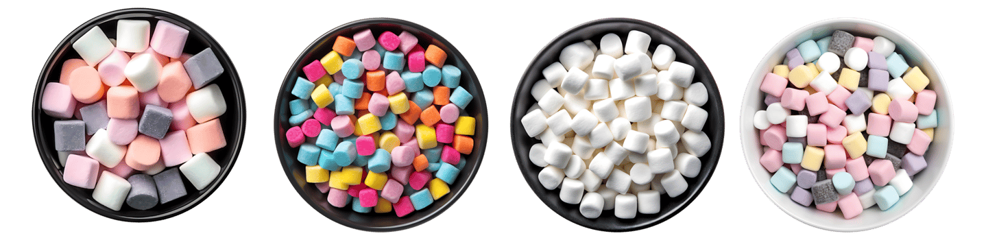 Multicolored Marshmallows in bowl, aerial view with transparent background, Technology png