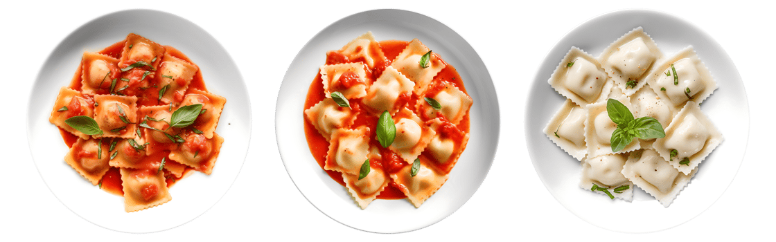 Tasty appetizing Ravioli with tomato sauce on white bowl, top view with transparent background, Technology png