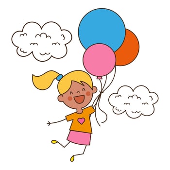 Happy cartoon little girl flying on colorful balloons near the clouds in doodle style vector