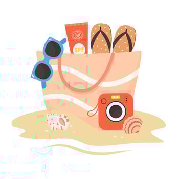 Summer beach accessories bag, slippers, sunscreen, camera vector