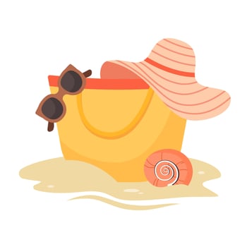 Summer yellow beach bag, hat, seashell on send vector