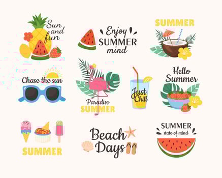 Summer labels lettering with vacation, travel, holiday elements vector